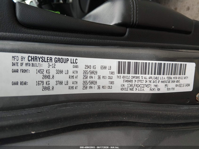 2012 JEEP GRAND CHEROKEE SPORT UTILITY VEHICLE 3.6L V-6 DOHC, VVT, 290HP