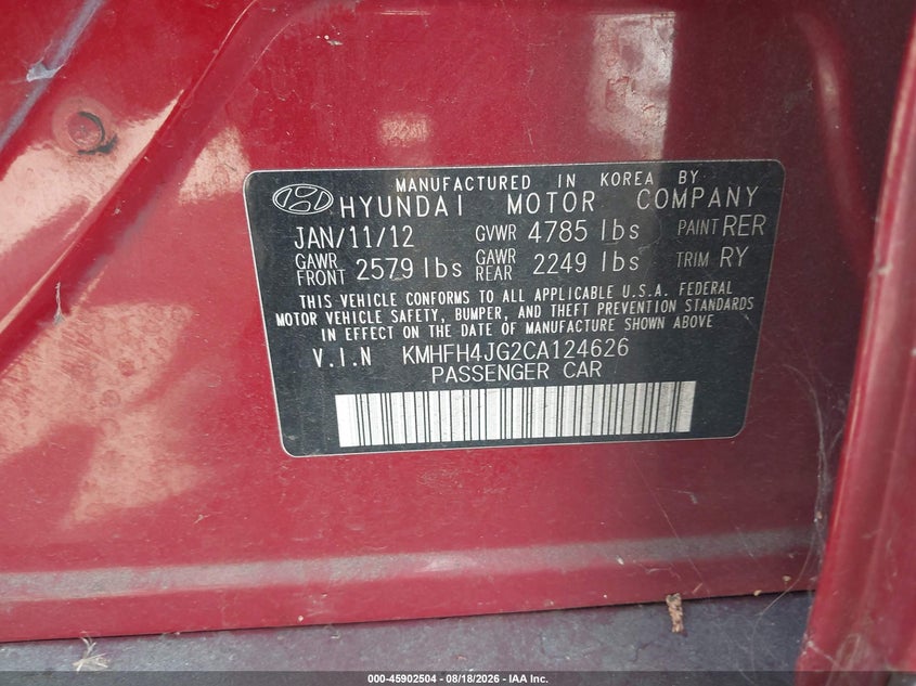 HYUNDAI AZERA 2012 VIN KMHFH4JG2CA124626