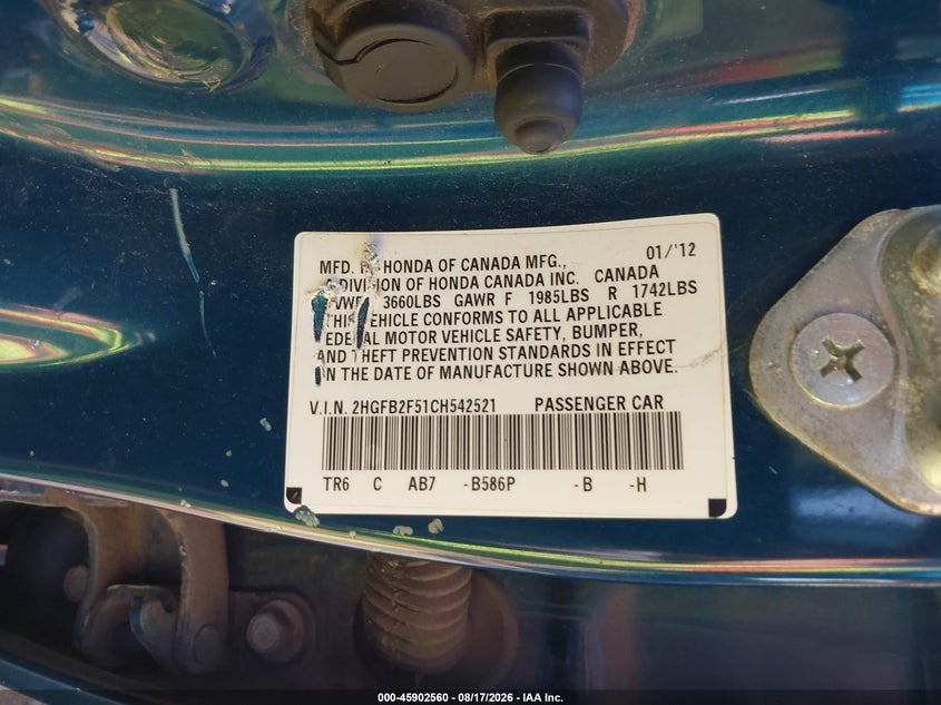 2012 HONDA CIVIC SEDAN 1.8L I-4 VVT, 140HP