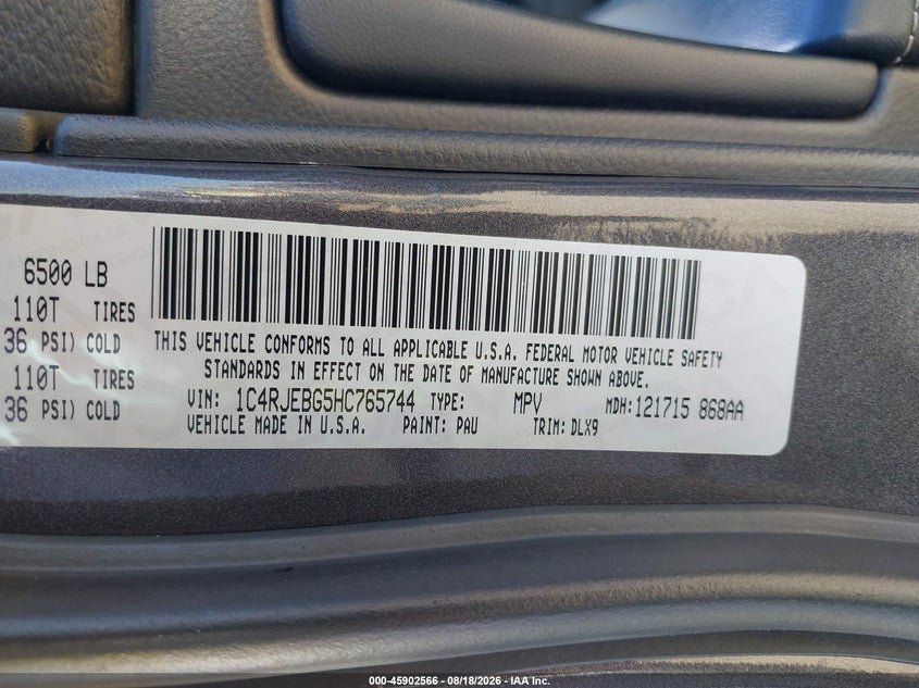 JEEP GRAND CHEROKEE 2017 VIN 1C4RJEBG5HC765744
