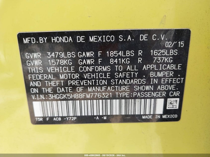 HONDA FIT 2015 VIN 3HGGK5H88FM776321