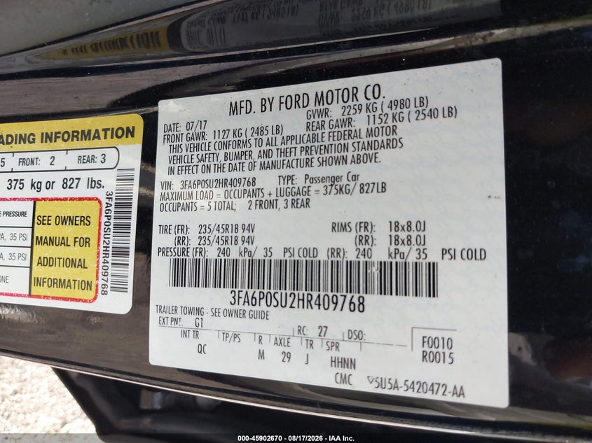 FORD FUSION ENERGI 2017 VIN 3FA6P0SU2HR409768