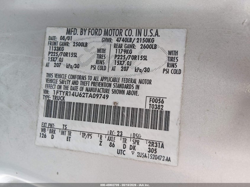 FORD RANGER 2002 VIN 1FTYR14U62TA09749