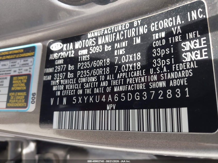 KIA SORENTO 2013 VIN 5XYKU4A65DG372831