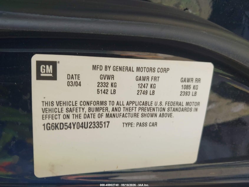 CADILLAC DEVILLE 2004 VIN 1G6KD54Y04U233517