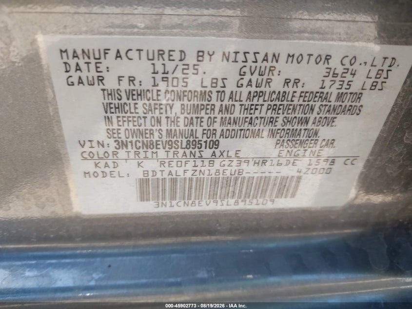 NISSAN VERSA 2025 VIN 3N1CN8EV9SL895109