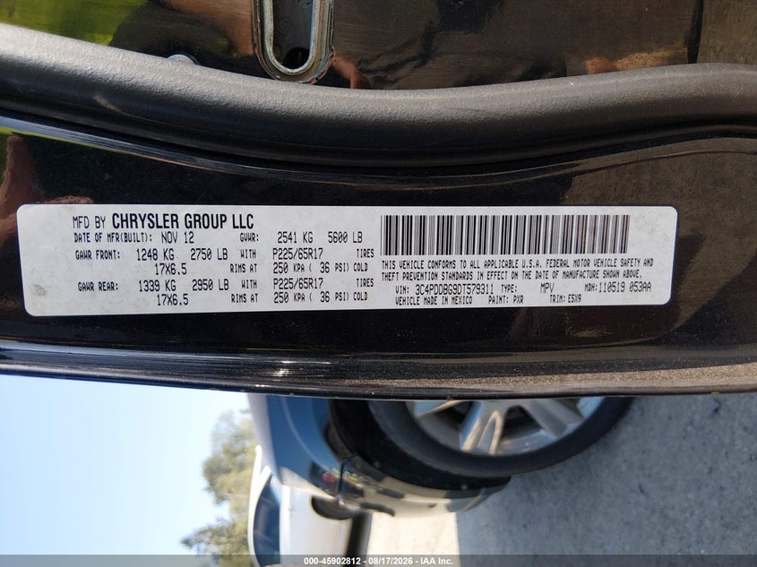 DODGE JOURNEY 2013 VIN 3C4PDDBG9DT579311