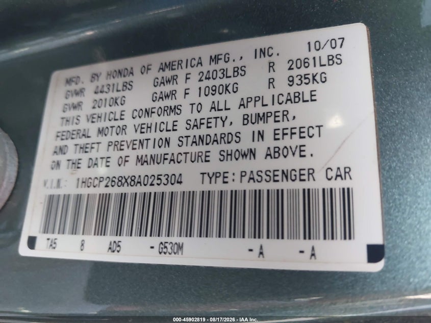 HONDA ACCORD 2008 VIN 1HGCP268X8A025304