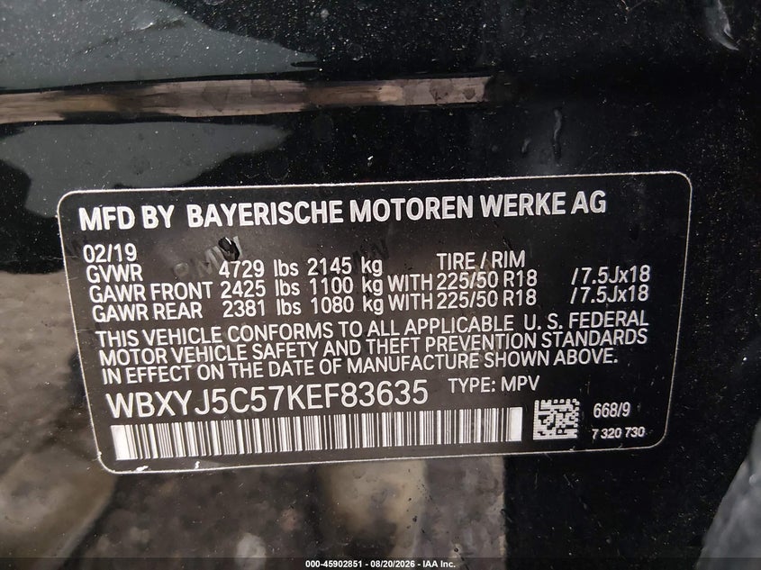 BMW X2 2019 VIN WBXYJ5C57KEF83635