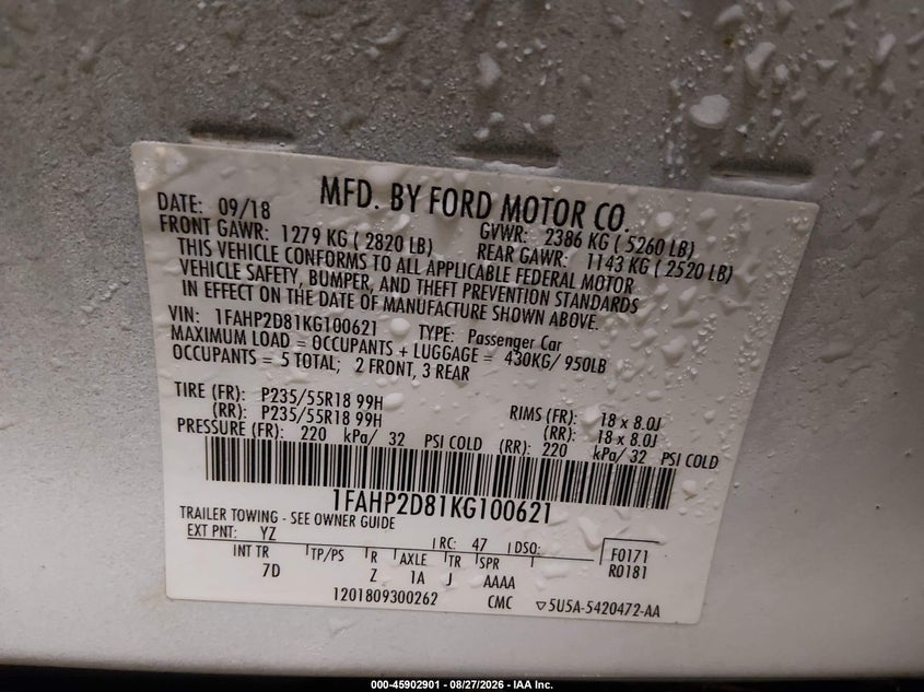 FORD TAURUS 2019 VIN 1FAHP2D81KG100621