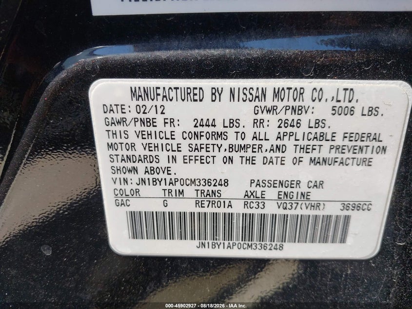 INFINITI M37 2012 VIN JN1BY1AP0CM336248