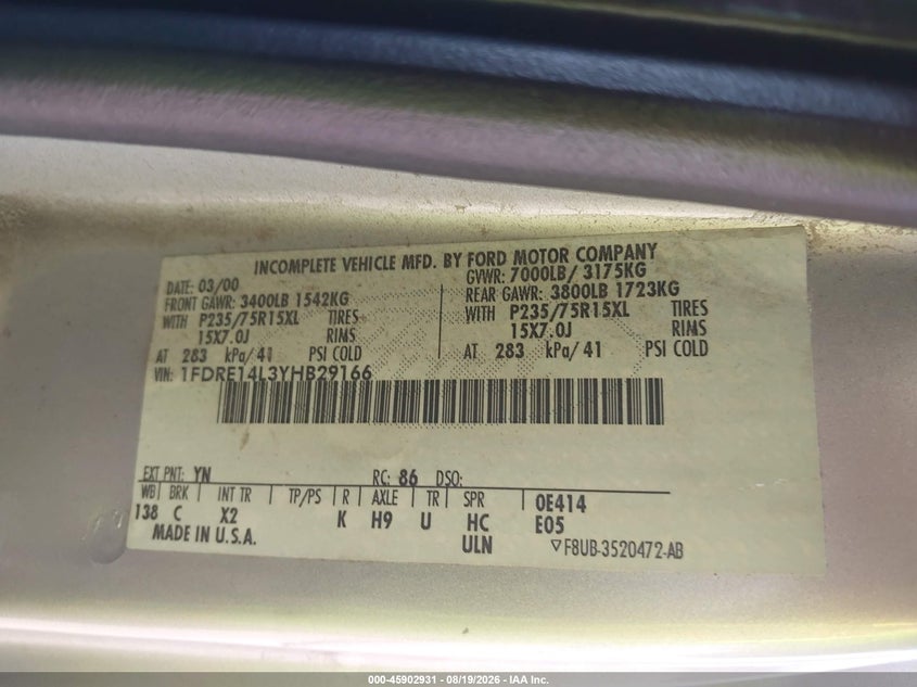 FORD E-150 2000 VIN 1FDRE14L3YHB29166