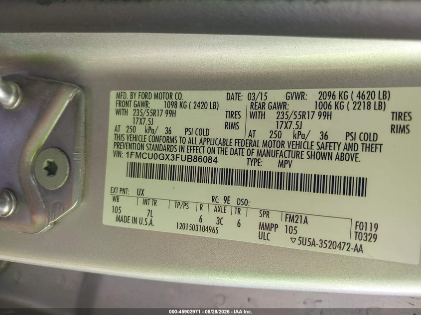 2015 FORD ESCAPE SPORT UTILITY VEHICLE 1.6L I-4 DI, DOHC, VVT, TURBO, 173HP