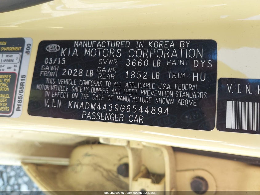KIA RIO 2016 VIN KNADM4A39G6544894
