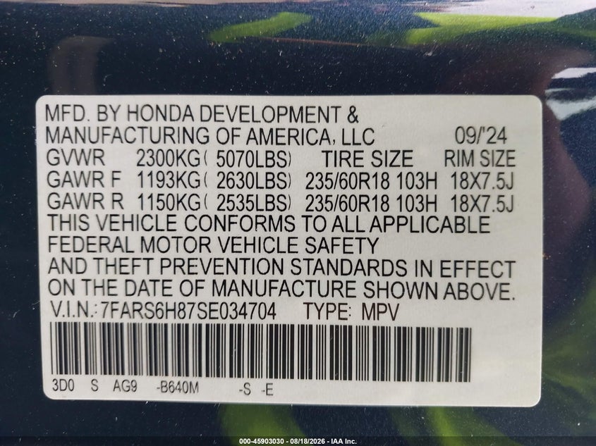 HONDA CR-V HYBRID 2025 VIN 7FARS6H87SE034704