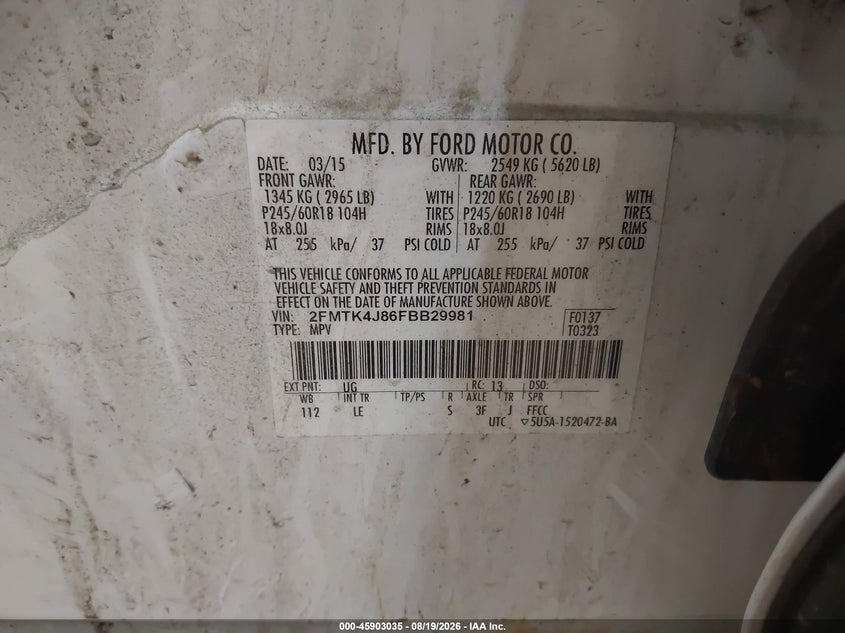 FORD EDGE 2015 VIN 2FMTK4J86FBB29981