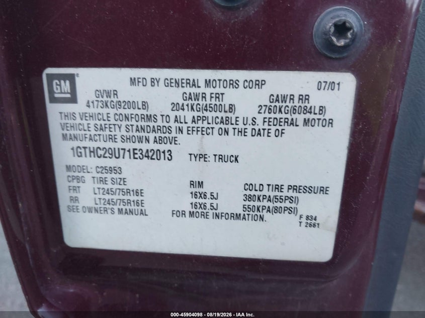 GMC SIERRA 2500HD 2001 VIN 1GTHC29U71E342013