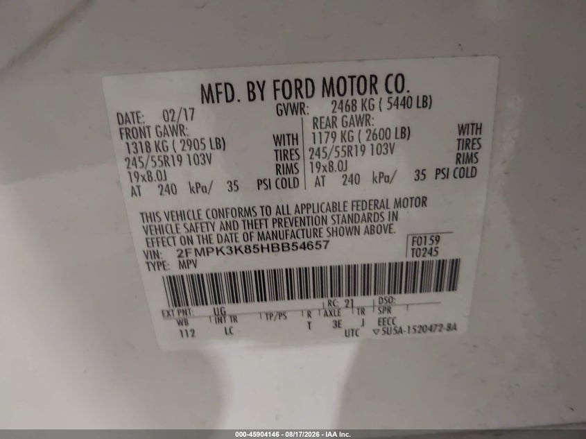 2017 FORD EDGE SPORT UTILITY VEHICLE 3.5L V6 FI DOHC 24V NF4