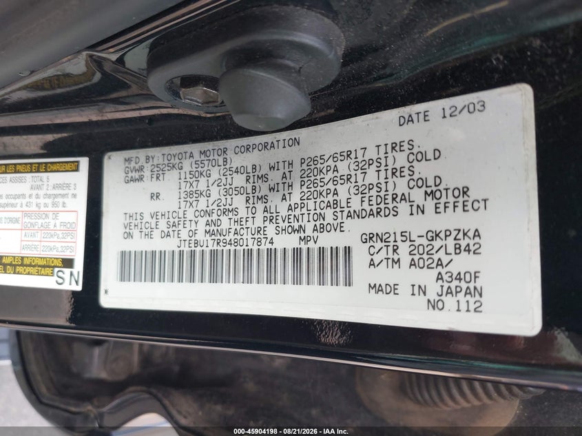 2004 TOYOTA 4RUNNER SPORT UTILITY VEHICLE 4.0L V-6 DOHC, VVT, 245HP