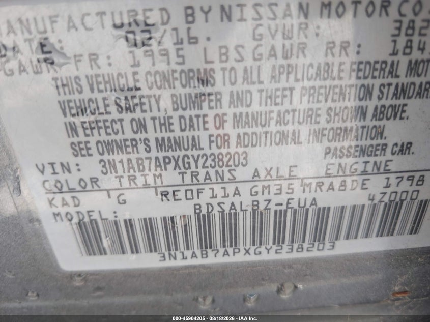 NISSAN SENTRA 2016 VIN 3N1AB7APXGY238203