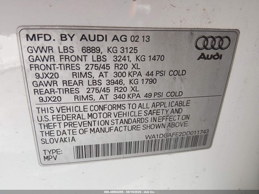 AUDI Q7 2013 VIN WA1DGAFE2DD011743
