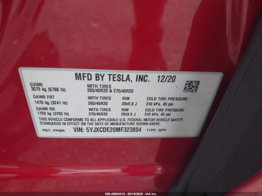 TESLA MODEL X 2021 VIN 5YJXCDE20MF323804