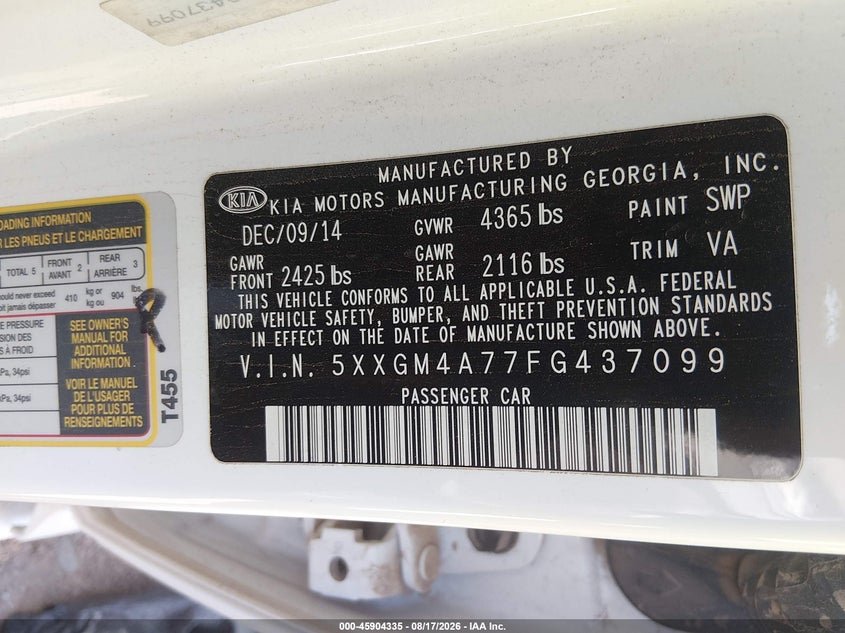 2015 KIA OPTIMA SEDAN 2.4L I-4 DI, DOHC, VVT, 192HP