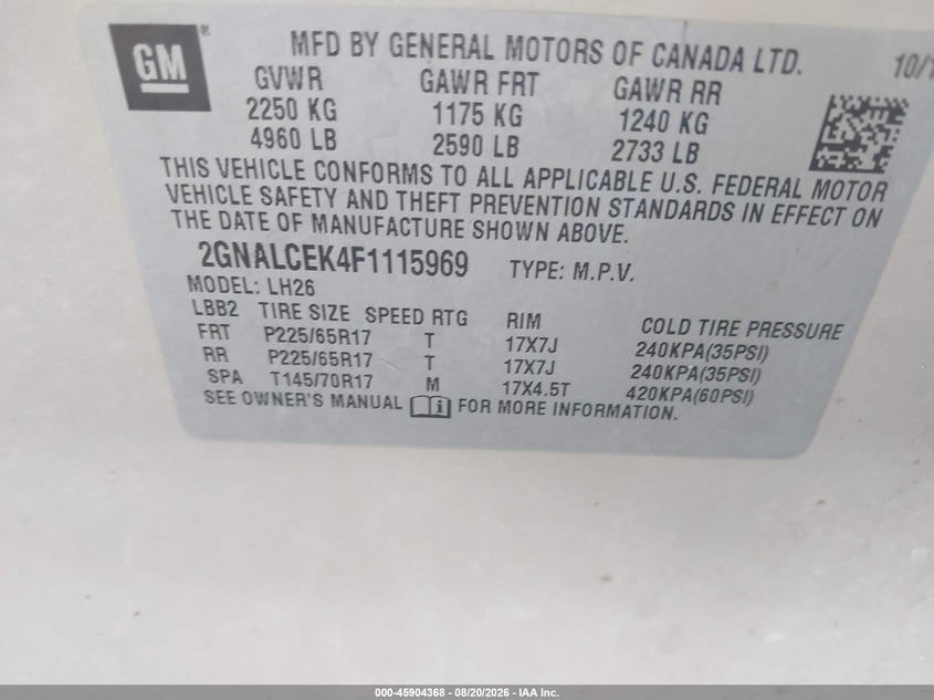 2015 CHEVROLET EQUINOX SPORT UTILITY VEHICLE 2.4L I-4 DI, DOHC, VVT, 182HP