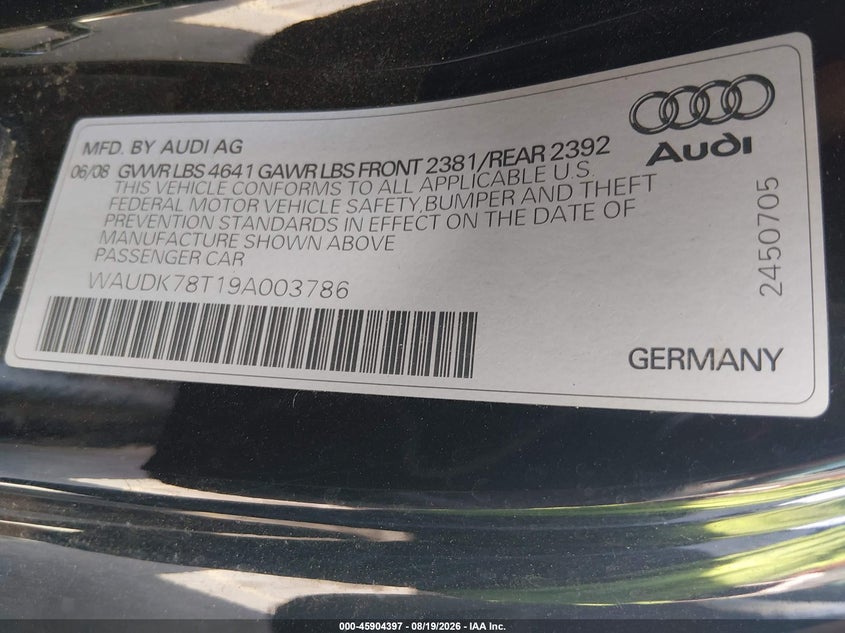 AUDI A5 2009 VIN WAUDK78T19A003786