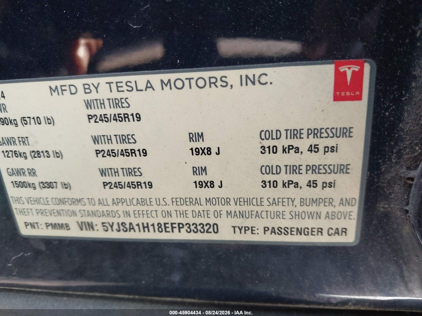 TESLA MODEL S 2014 VIN 5YJSA1H18EFP33320