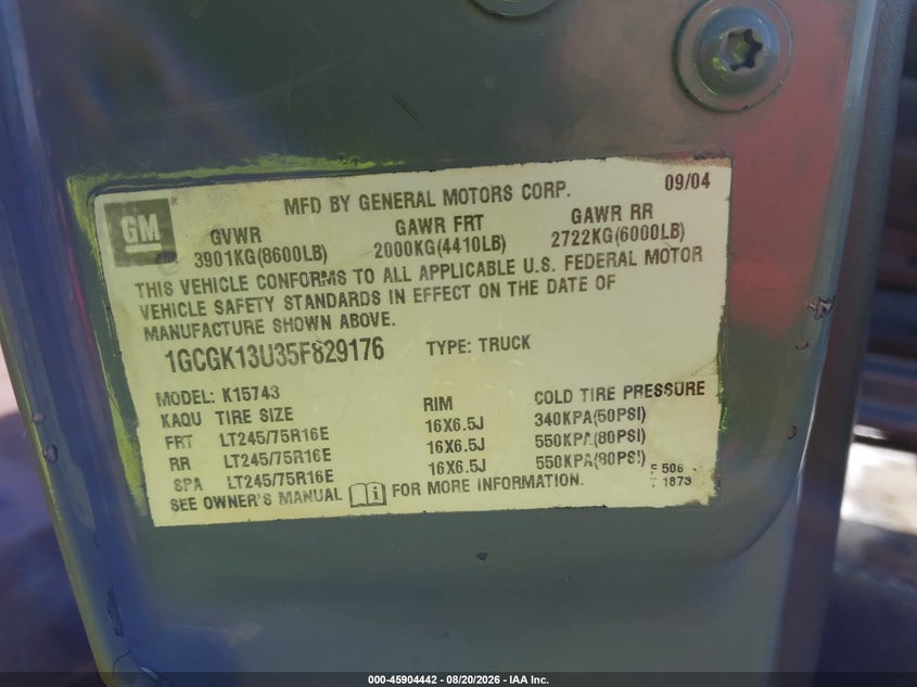 CHEVROLET SILVERADO 1500HD 2005 VIN 1GCGK13U35F829176