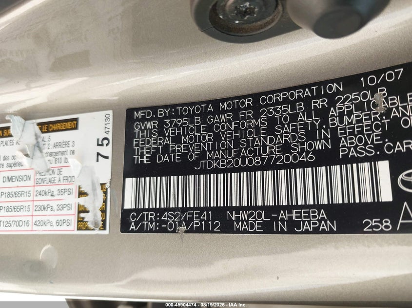 TOYOTA PRIUS 2008 VIN JTDKB20U087720046