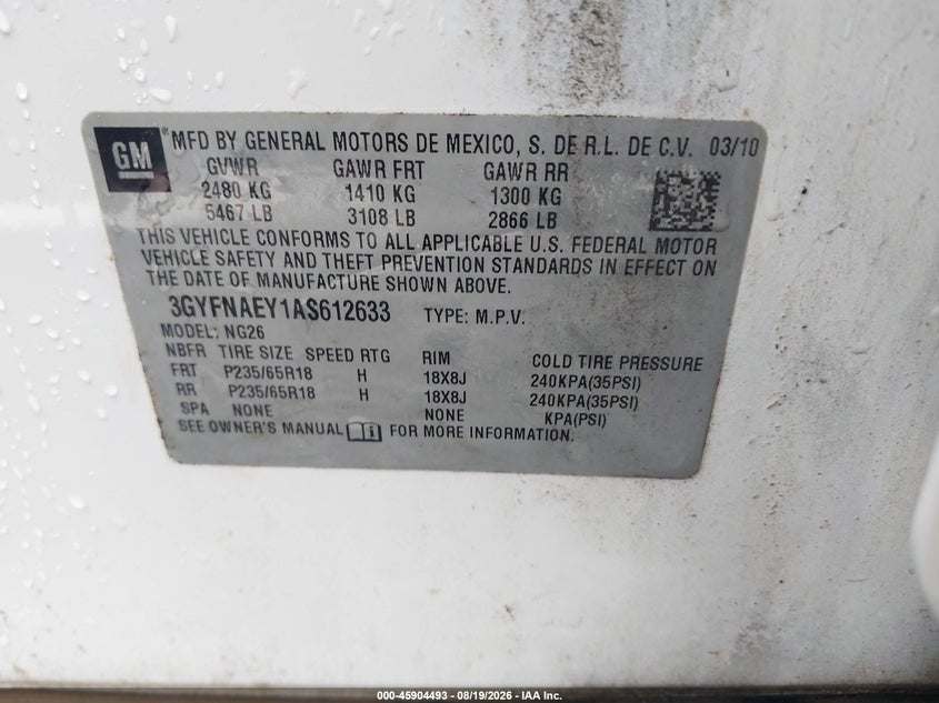 CADILLAC SRX 2010 VIN 3GYFNAEY1AS612633
