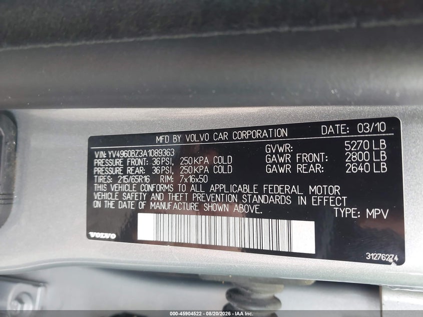VOLVO XC70 2010 VIN YV4960BZ3A1089363