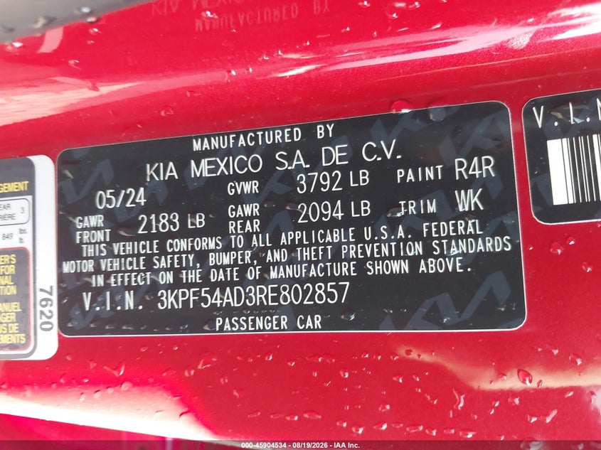 KIA FORTE 2024 VIN 3KPF54AD3RE802857