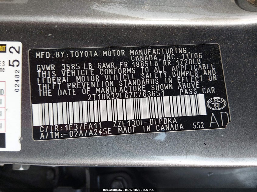 2007 TOYOTA COROLLA SEDAN 1.8L I-4 DOHC, VVT, 126HP