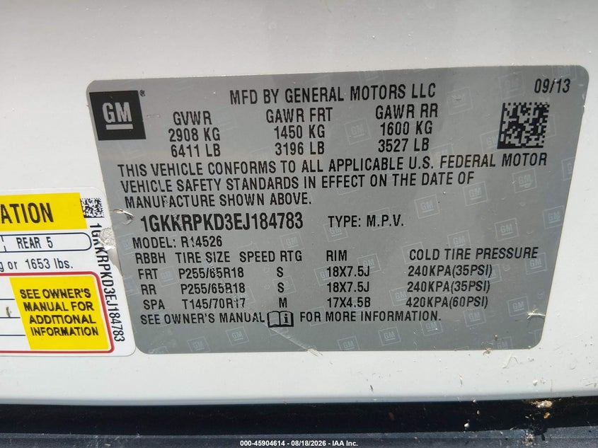 GMC ACADIA 2014 VIN 1GKKRPKD3EJ184783