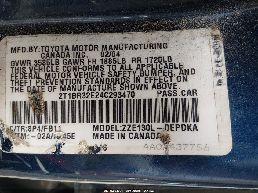 2004 TOYOTA COROLLA SEDAN 1.8L I-4 DOHC, VVT, 130HP