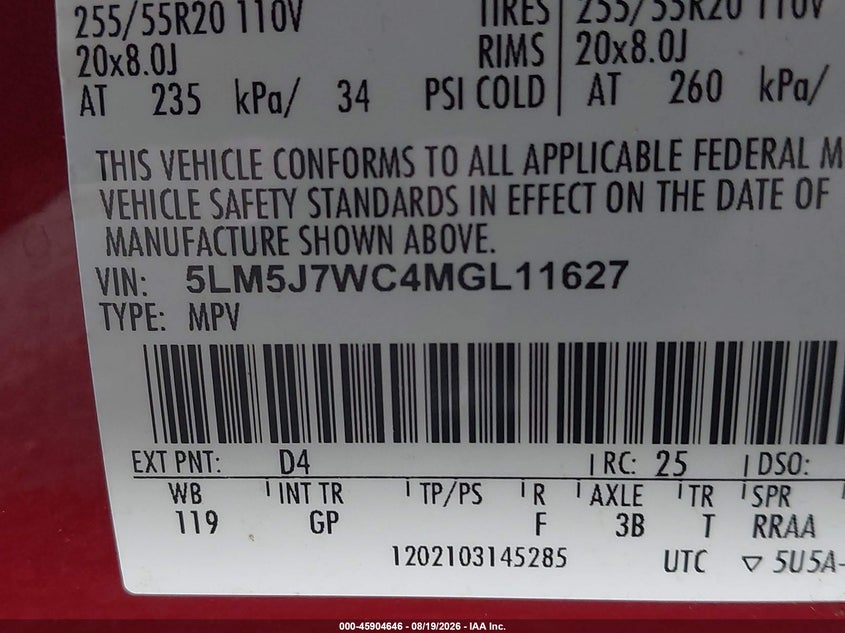 LINCOLN AVIATOR 2021 VIN 5LM5J7WC4MGL11627