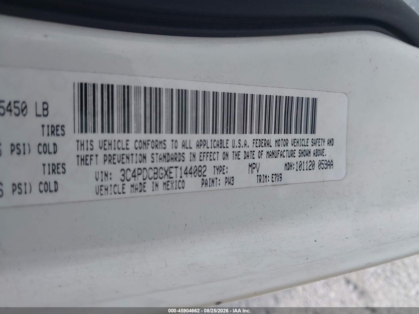 DODGE JOURNEY 2014 VIN 3C4PDCBGXET144082