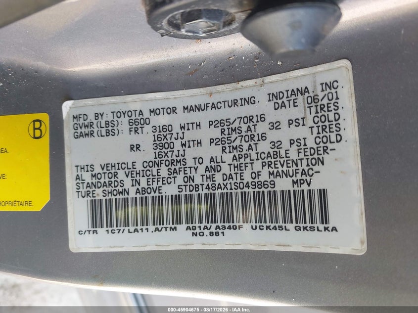2001 TOYOTA SEQUOIA SPORT UTILITY VEHICLE 4.7L V-8 DOHC, 240HP