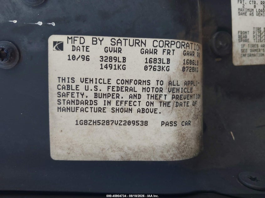 SATURN SL 1997 VIN 1G8ZH5287VZ209538