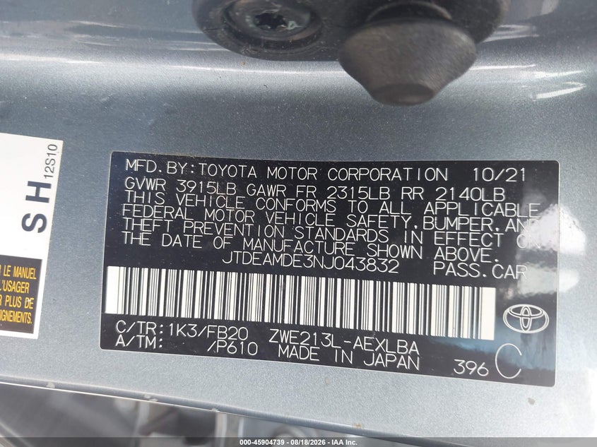 2022 TOYOTA COROLLA SEDAN 1.8L I-4 DOHC, VVT, REGULAR , 96HP