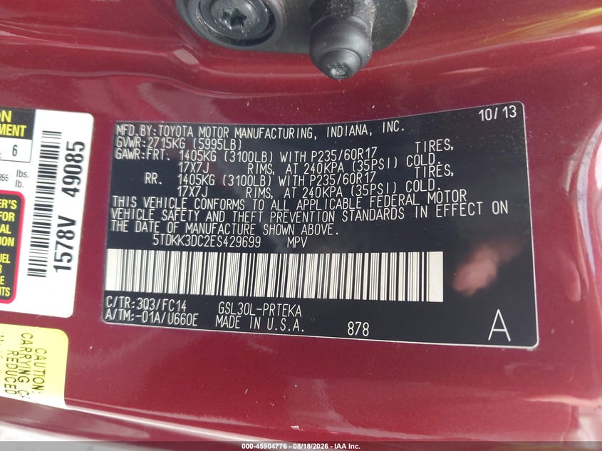 2014 TOYOTA SIENNA VAN 3.5L V-6 DOHC, VVT, 266HP