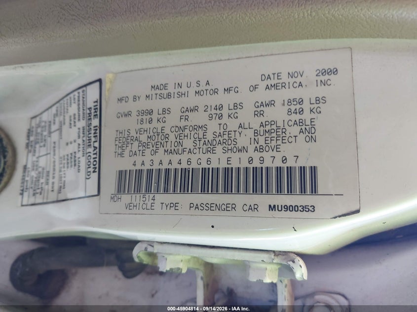 MITSUBISHI GALANT 2001 VIN 4A3AA46G61E109707