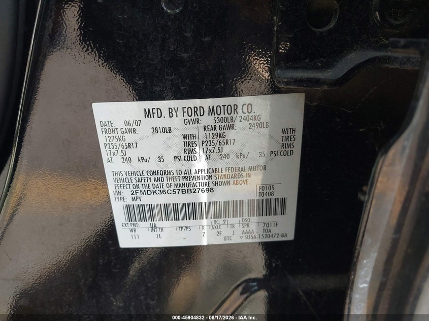 FORD EDGE 2007 VIN 2FMDK36C57BB27698