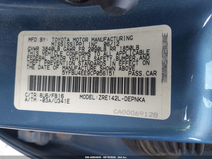 TOYOTA COROLLA 2012 VIN 5YFBU4EE9CP056151