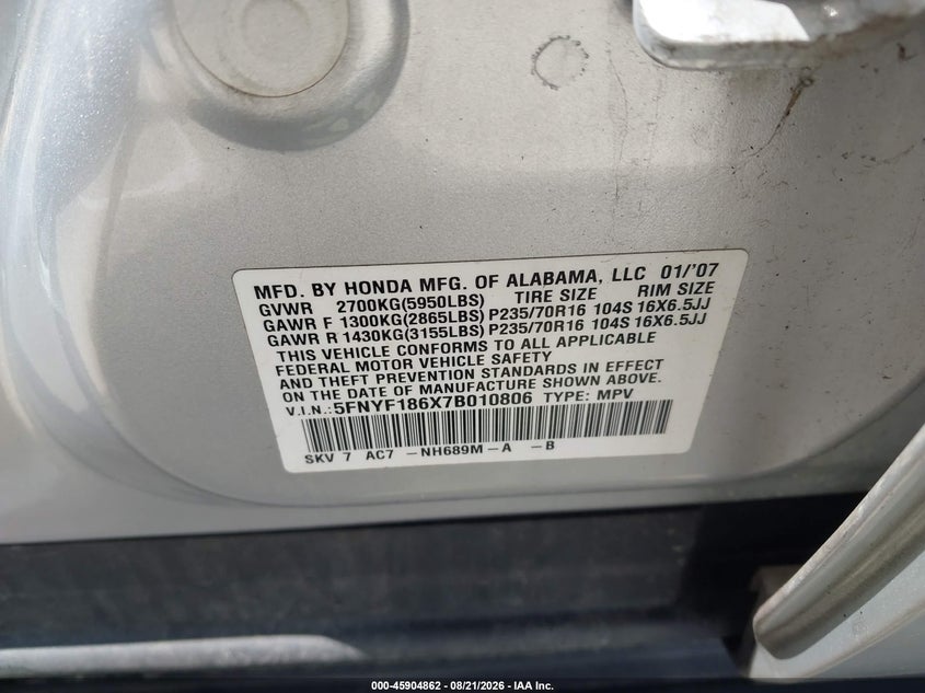 HONDA PILOT 2007 VIN 5FNYF186X7B010806