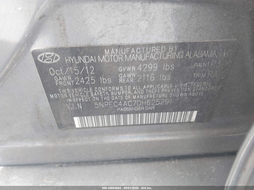 HYUNDAI SONATA 2013 VIN 5NPEC4AC7DH625291