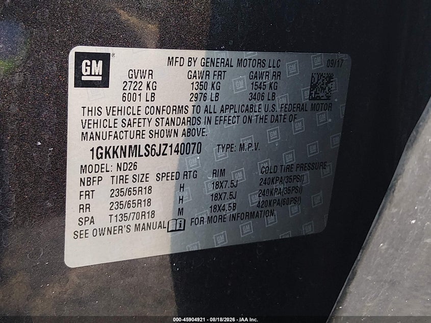 GMC ACADIA 2018 VIN 1GKKNMLS6JZ140070